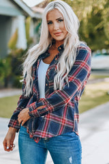 Plaid Button Pocket Long Sleeve Asymmetric Shirt