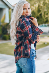 Plaid Button Pocket Long Sleeve Asymmetric Shirt
