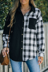 Plaid Color Block Button-Up Oversize Corduroy Shirt