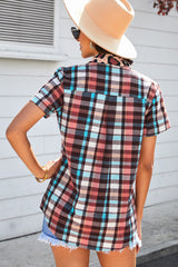 Plaid Leopard Patchwork Pocket Short Sleeve Shirt