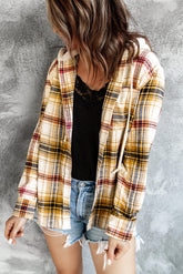 Plaid Print Pocket Drawstring Hooded Jacket
