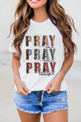 Pray Leopard Letter Print Short Sleeve T-Shirt