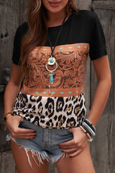 Print Buckstitch Splicing Color Block T-Shirt