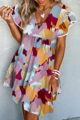 Printed Crisscross Decor V Neck Flutter Sleeve Dress