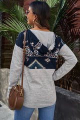 Printed Stitching Snap Buttons Pullover Hoodie