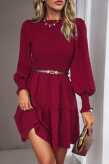 Solid Smocked Round Neck Ruffle Hem Dress