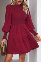 Solid Smocked Round Neck Ruffle Hem Dress