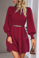 Solid Smocked Round Neck Ruffle Hem Dress