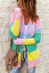 Rainbow Color Block Open Front Drape Oversized Knitted Cardigan