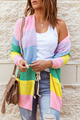 Rainbow Color Block Open Front Drape Oversized Knitted Cardigan