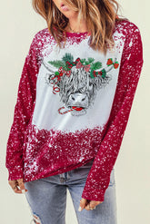 Red Christmas Cow Bleach Print Long Sleeve Sweatshirt