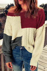 Red Crew Neck Contrast Color Block Sweater