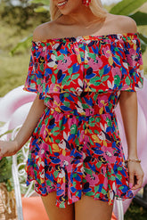 Red Floral Off Shoulder Short Sleeves Ruffle Romper