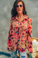 Red Floral Print Ruffled Long Sleeve Shirt