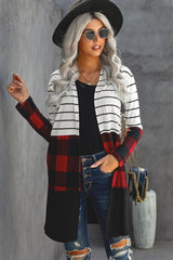 Red Plaid Colorblock Striped Cardigan