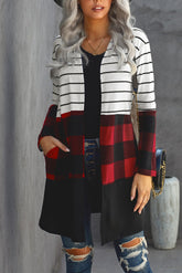 Red Plaid Colorblock Striped Cardigan