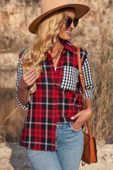Red Plaid Splicing Hit Color Pockets Turndown Collar Long Sleeve Shirt