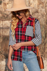 Red Plaid Splicing Hit Color Pockets Turndown Collar Long Sleeve Shirt