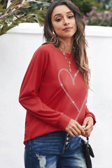 Red Rhinestone Heart Shaped Long Sleeve Sweatshirt
