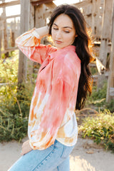 Red Tie Dye Print Lace-Up Buttoned Henley Top