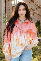 Red Tie Dye Print Lace-Up Buttoned Henley Top