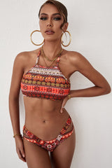 Red Tribal Print Halter Neck Cut-Out Boho Swimwear