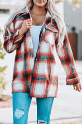 Red Turn Down Neck Plaid Pocket Button Closure Coat