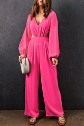 Red V Neck Bubble Sleeve Cut Out Waist Wide Leg Jumpsuit