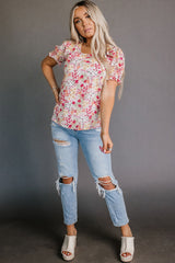 Rose Floral Ruffle Bubble Sleeve Blouse