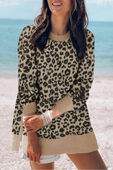 Round Neck Long Sleeve Leopard Print Loose Fit Sweatshirt