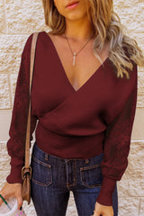 Sexy V Neck Surplice Hollow-Out Sweater With Lace Sleeves