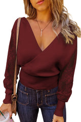 Sexy V Neck Surplice Hollow-Out Sweater With Lace Sleeves