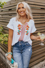 Short Sleeve V Neck Floral Embroidered Blouse
