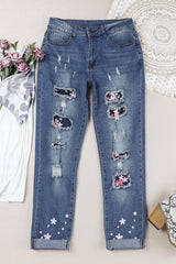 Sky Blue Cherry Blossom Pattern Splicing Mid Waist Distressed Jeans