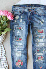 Sky Blue Floral Print Contrast Distressed Mid Waist Jeans