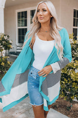 Sky Blue Loose Fit Stripe Colorblock Cardigan