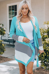 Sky Blue Loose Fit Stripe Colorblock Cardigan