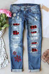 Sky Blue Plaid Snowflake Distressed Patchwork Jeans