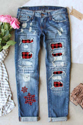 Sky Blue Plaid Snowflake Distressed Patchwork Jeans