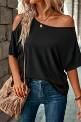Solid Asymmetrical Neck Loose Casual T-Shirt