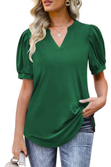 Solid Color Pleated Puff Short Sleeve Top
