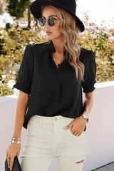 Solid Color Smock Sleeve V Neck Top