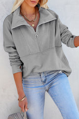 Solid Color Zip Collar Sweatshirt With Pockets