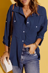 Solid Pocket Long Sleeve Button-Up Shirt