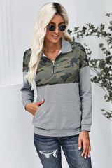 Splice Gray Kangaroo Pocket Zip Collar Sweatshirt
