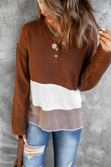 Splicing Buttoned Knitted Long Sleeve Sweater