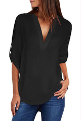 Split Collar Roll Up Sleeve Blouse