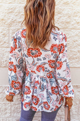Split Neck Bubble Sleeve Floral Patchwork Blouse