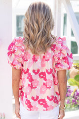 Split Neck Ruffled Puff Sleeves Floral Top