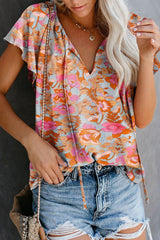 Split V Neck Flutter Sleeve Flower Blouse
